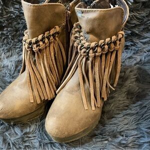 Ladies Tan Fringe Wedge Bootie